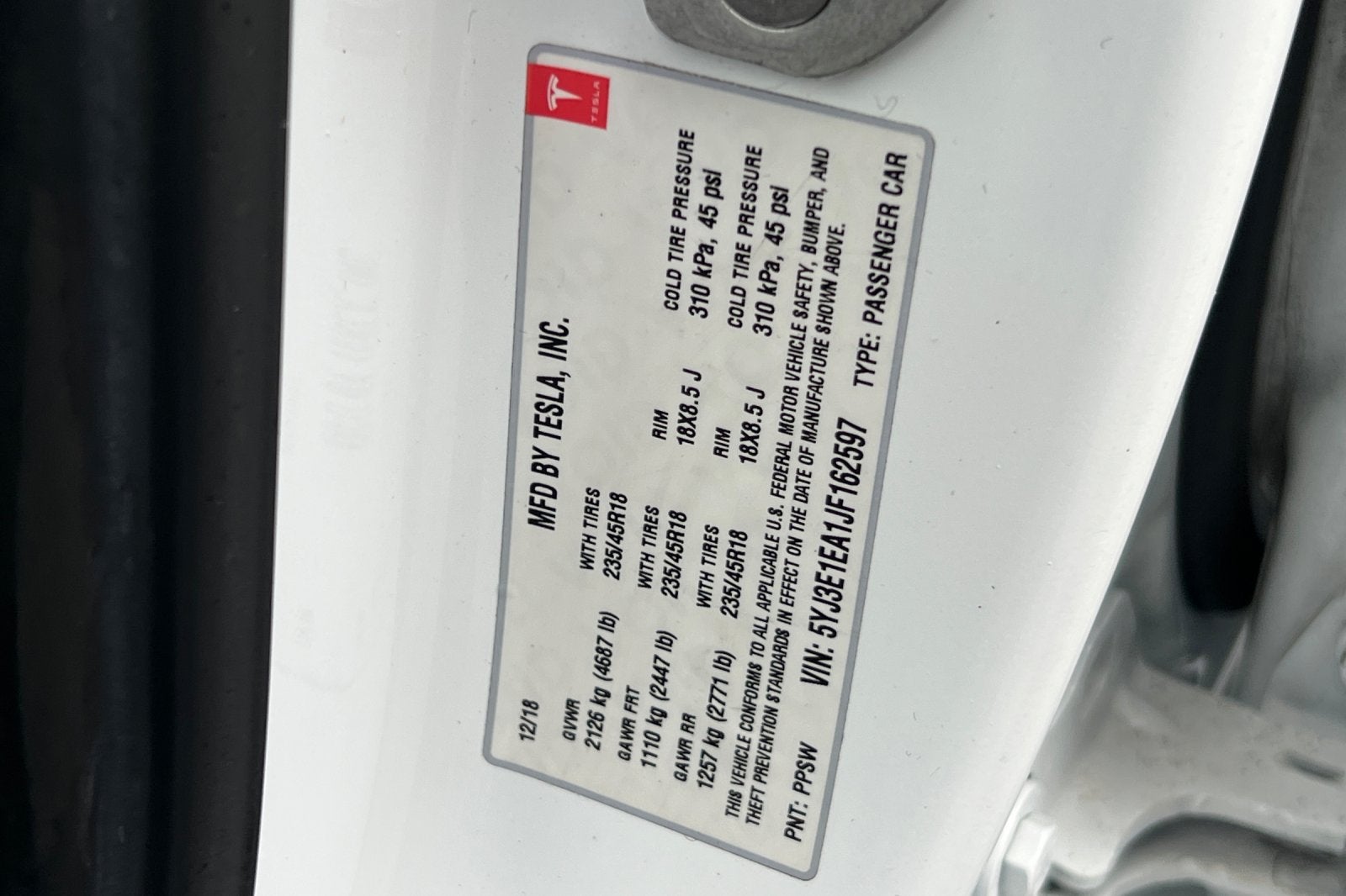 2018 Tesla Model 3 Mid Range Battery